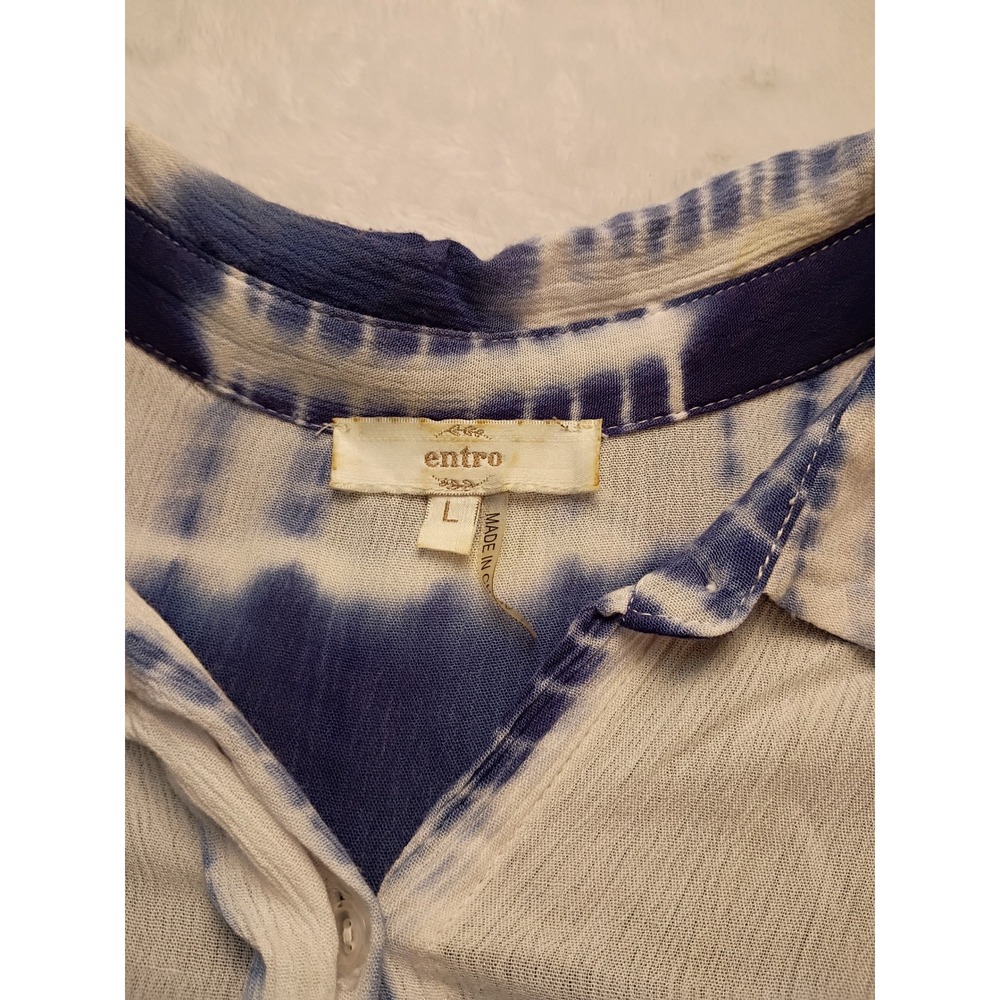Entro Button Down Women's Tie Dye Hi-Low Hem Shirt Large Blue White Casual Top - Picture 3 of 13